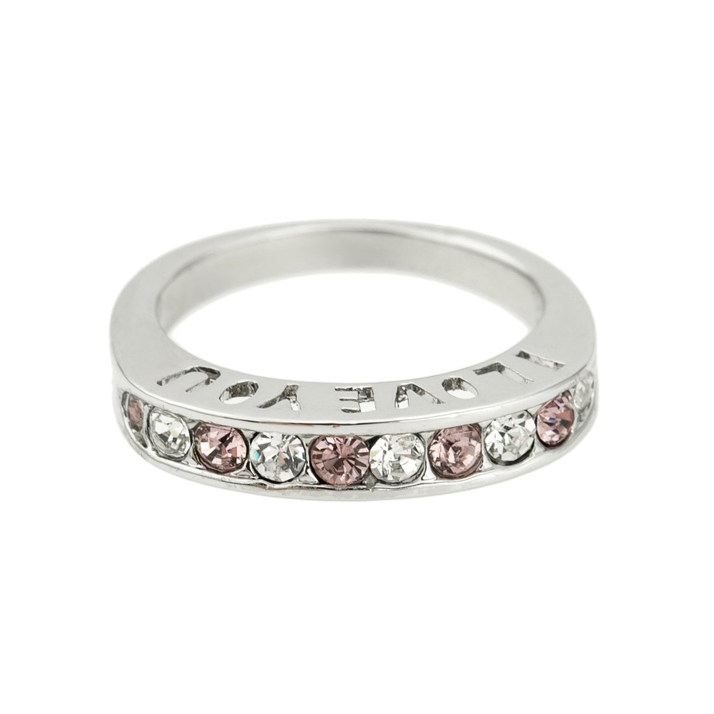 Vintage Ring 1980s I Love You Band Ring Amethyst and Clear Swarovski Crystals Imported #R4577-AW Size: 7