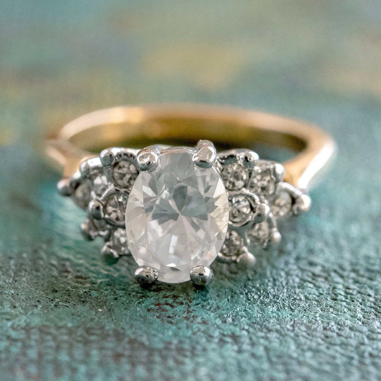 Vintage 1980's Cubic Zirconia Ring with Clear Austrian Crystals 18k Yellow Gold Electroplated