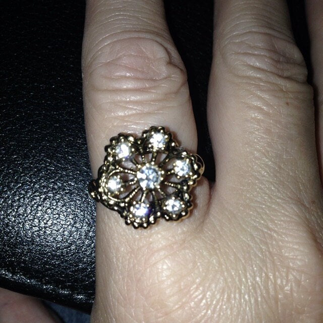 Vintage Citrine Austrian Crystals Filigree Style Antiqued 18k Yellow Gold Electroplated Ring