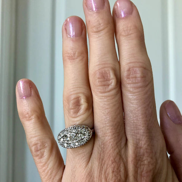 Vintage Clear Crystal Pave Ring in White 18kt Gold Electroplated Setting Made in the USA