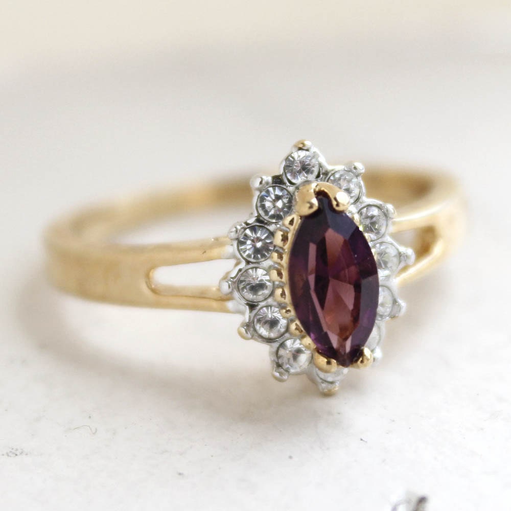 Vintage Ring Amethyst Rings with Clear Swarovski Crystals 18kt Gold February Birthstone Jewelry Womens #R1314 - Limited Stock - Never Worn