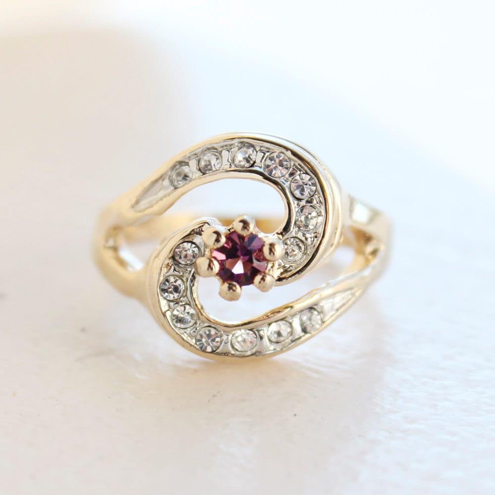 Vintage Ring Amethyst Cubic Zirconia 18k Gold Plated Ring with Clear Swarovski Crystals February Birthstone Antique Womans Jewelry #R1081