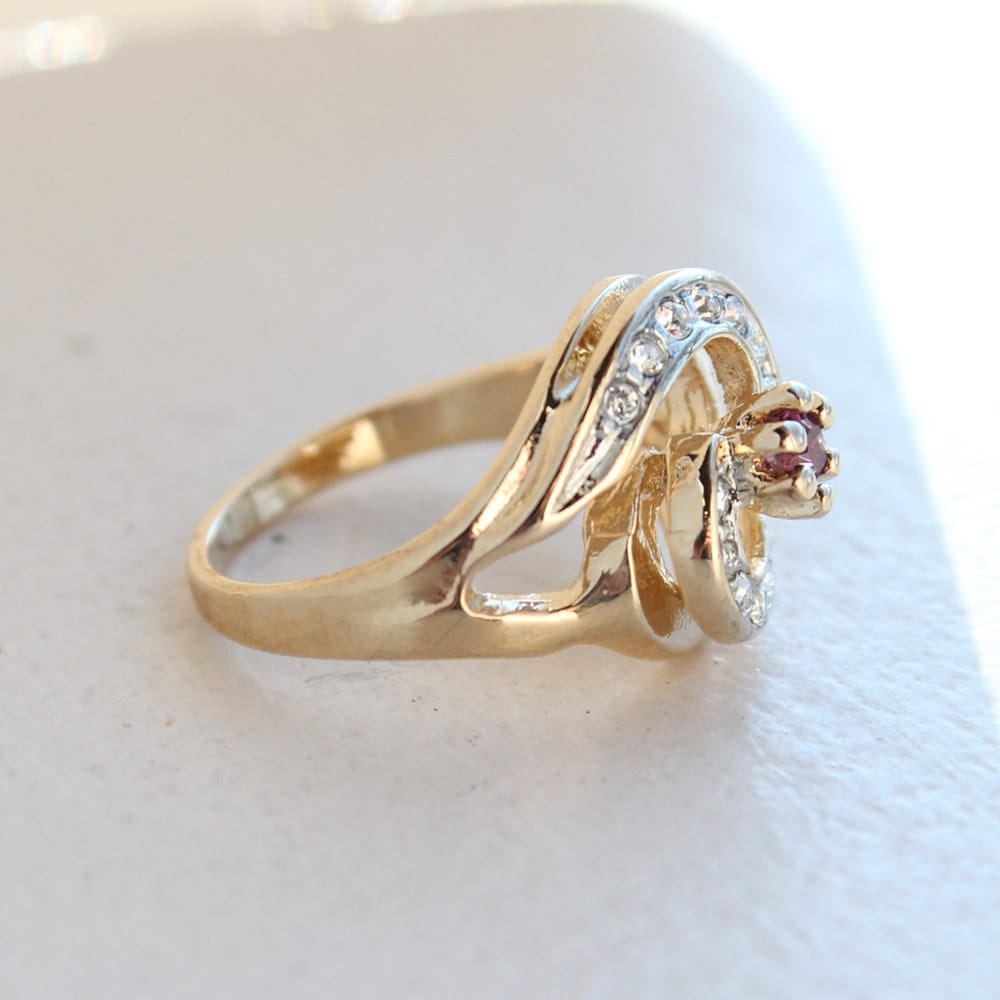 Vintage Ring Amethyst Cubic Zirconia 18k Gold Plated Ring with Clear Swarovski Crystals February Birthstone Antique Womans Jewelry #R1081