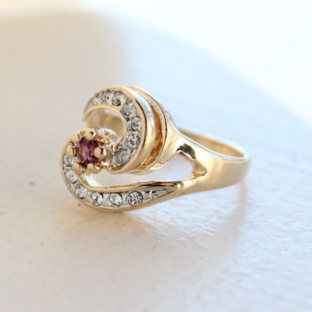 Vintage Ring Amethyst Cubic Zirconia 18k Gold Plated Ring with Clear Swarovski Crystals February Birthstone Antique Womans Jewelry #R1081