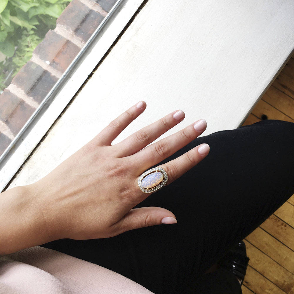 Vintage Ring Large Harlequin Opal and Clear Swarovski Crystals 18k Antique Gold Cocktail Ring Womans #R527 - Limited Stock - Never Worn