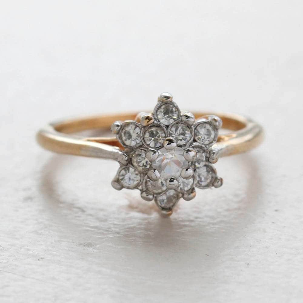 Vintage Ring Jewelry Clear Swarovski Crystal Flower Motif Cocktail Ring 18k Gold Made in the USA R1039