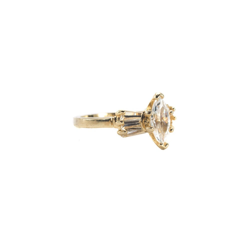 Vintage Ring 1980s 18k Gold Plated Marquis Shaped Cubic Zirconia Engagement Ring Womans Antique #R3078 - Limited Stock - Never Worn