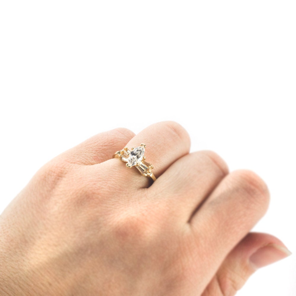 Vintage Ring 1980s 18k Gold Plated Marquis Shaped Cubic Zirconia Engagement Ring Womans Antique #R3078 - Limited Stock - Never Worn
