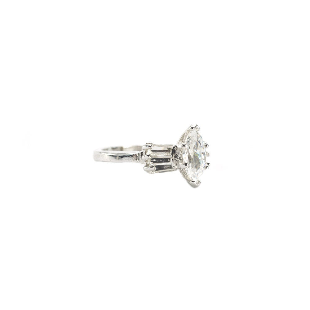 Vintage Ring 1980s 18k White Gold Silver Plated Marquis Shaped Cubic Zirconia Engagement Style Ring #R3078 - Limited Stock - Never Worn