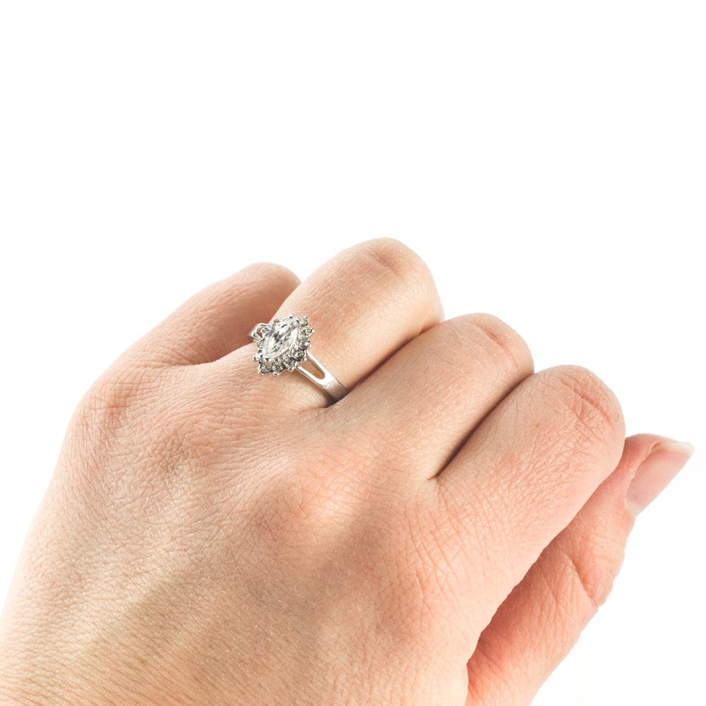 Antique Vintage Ring Clear Swarovski Crystals 18kt White Gold Silver April Birthstone Womans Engagement #R1314 - Limited Stock - Never Worn
