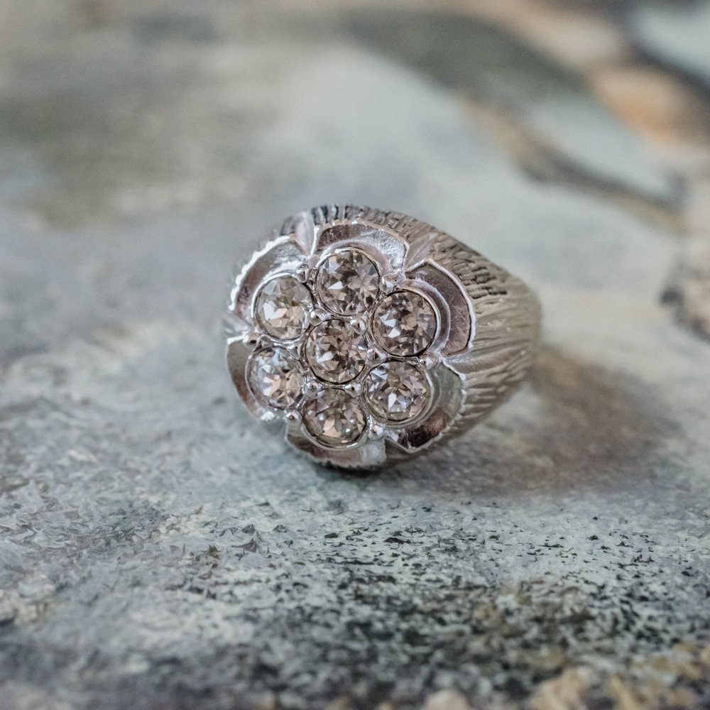 Vintage Ring Men's 18K White Gold Silver Silver Ring Clear Austrian Crystals Unisex Antique Jewlery #R152 Size: 11