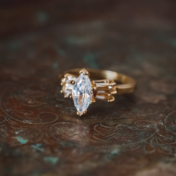 Vintage Ring 1980s 18k Gold Plated Marquis Shaped Cubic Zirconia Engagement Ring Womans Antique #R3078
