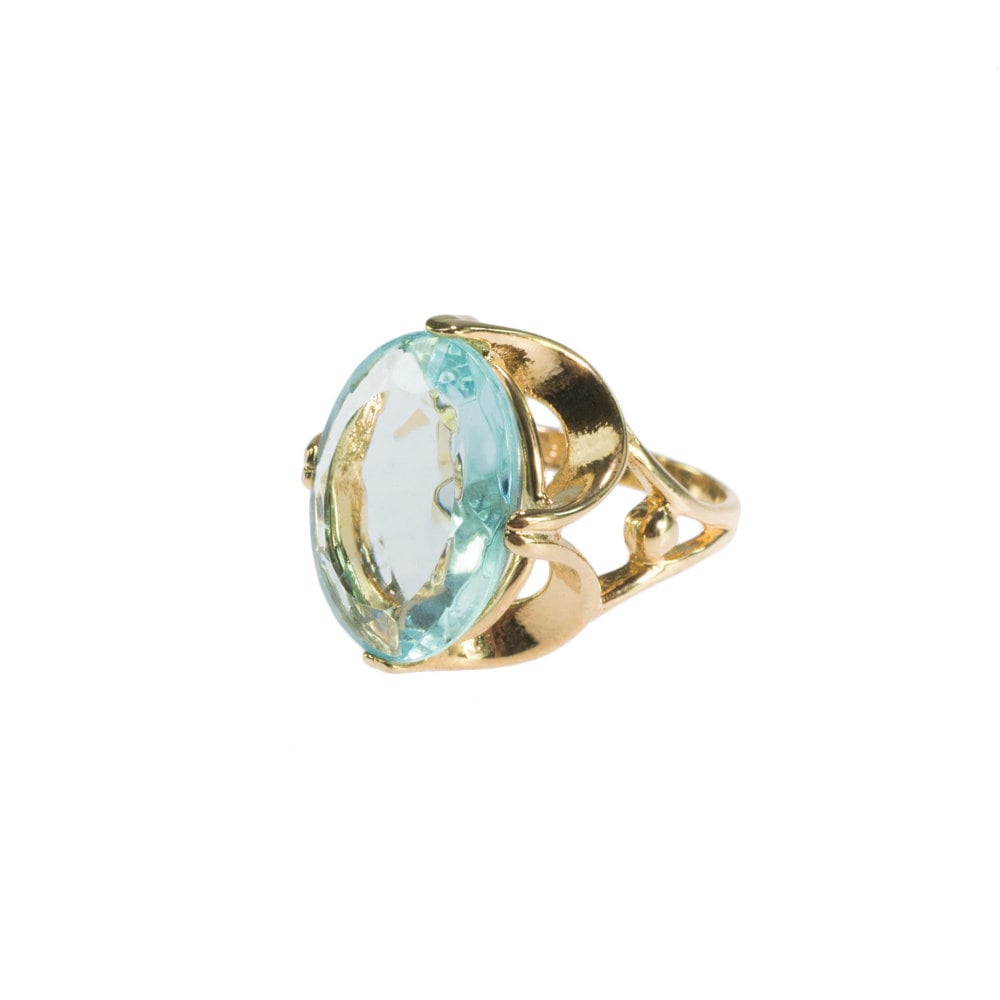 Vintage Ring Cocktail Ring Aquamarine Oval Cut Swarovski Crystal 18k Gold Womans Jewelry Handmade #R419 - Limited Stock - Never Worn