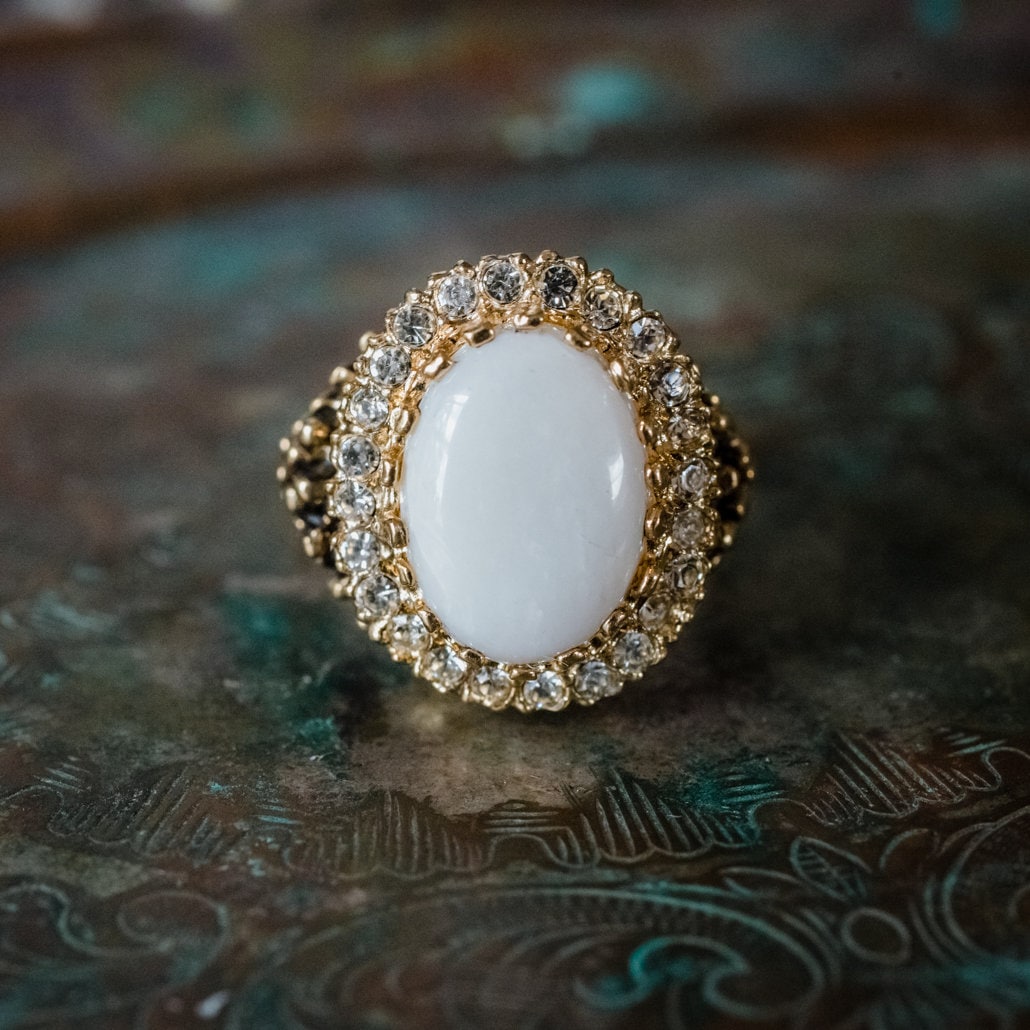 Genuine Blue Vintage Ring Moonstone Edwardian Style Antique 18k White Gold Clear Crystals Womans Jewelry R169