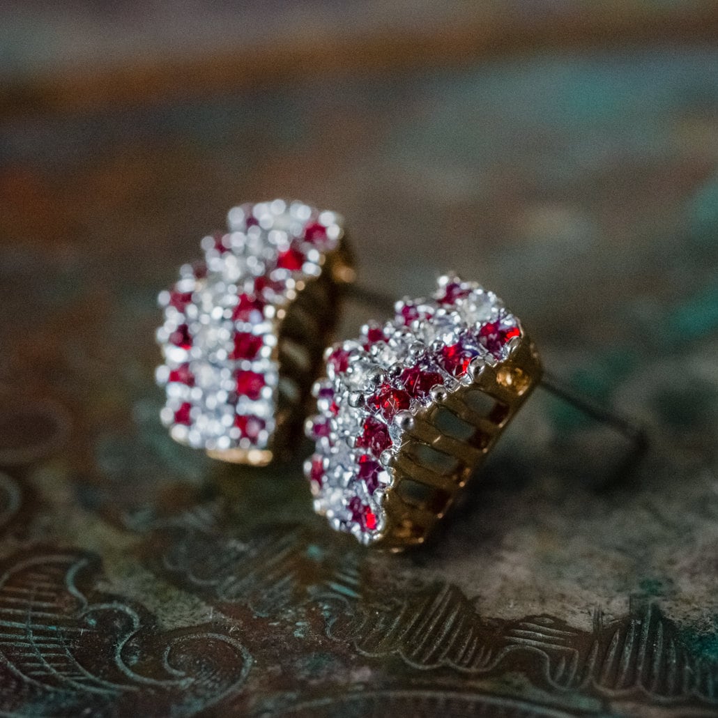 Vintage Earrings Emerald or Ruby and Clear Austrian Crystal Post Earrings E1753