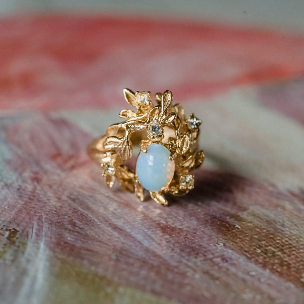 Vintage Ring Flower Petals Ring with Jelly Opal and Clear Crystals