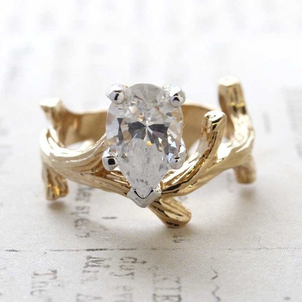 Vintage Ring Pear Shaped Genuine Opal, Jade, or Cubic Zirconia 18k Gold Twig Style Engagement Ring