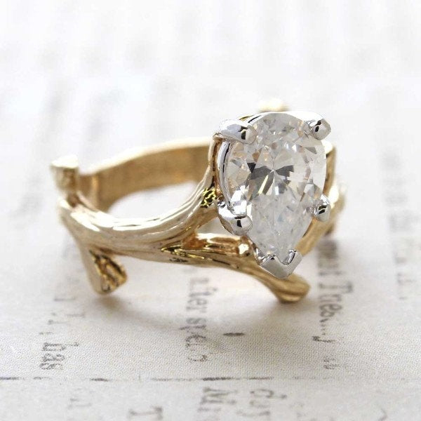 Vintage Ring Pear Shaped Cubic Zirconia 18k Gold Twig Style Engagement Ring R580 - Limited Stock - Never Worn