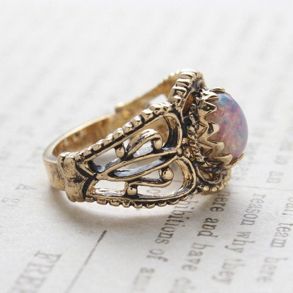 Vintage Ring Harlequin Opal Filigree Ring Antique 18k Gold Womans Jewelry Handmade Opalo Anillos R142 - Limited Stock - Never Worn