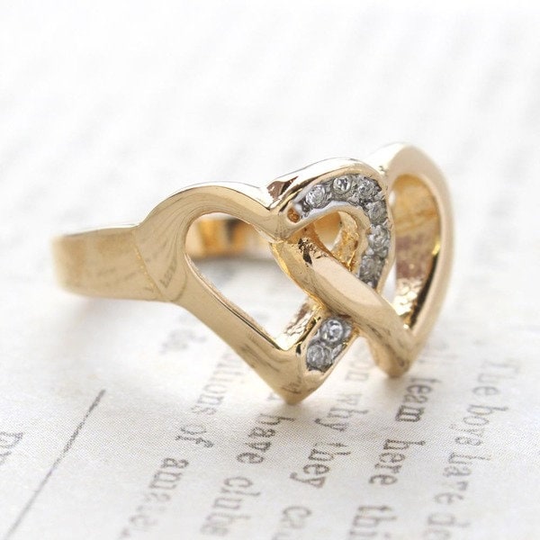 A Vintage Ring Clear Swarovski Crystal Double Heart Ring 18k Gold R2767 Antique Rings Size: 5