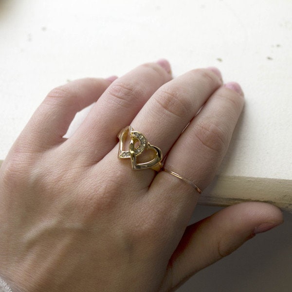A Vintage Ring Clear Swarovski Crystal Double Heart Ring 18k Gold R2767 Antique Rings - Limited Stock - Never Worn