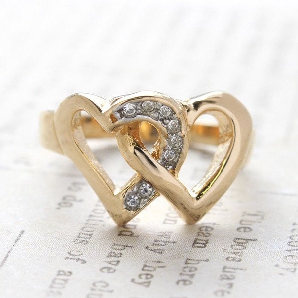A Vintage Ring Clear Swarovski Crystal Double Heart Ring 18k Gold R2767 Antique Rings - Limited Stock - Never Worn