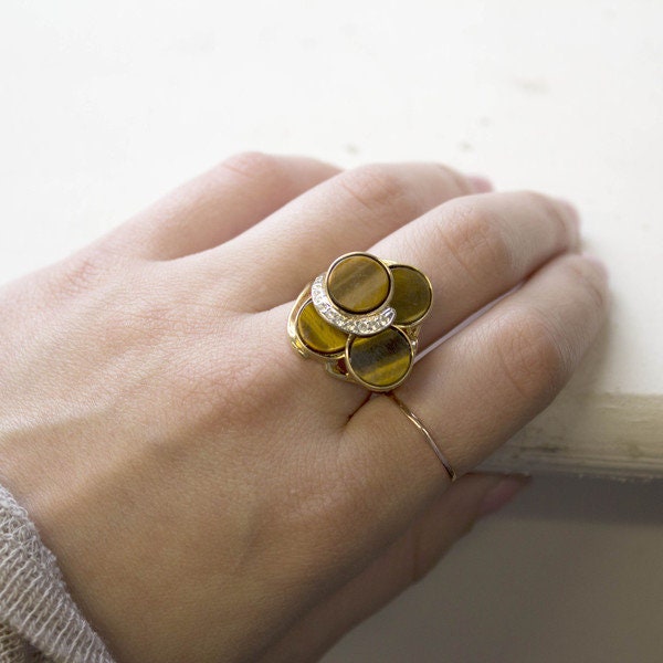 A Vintage Ring Genuine Tiger Eye Cocktail Ring 18k Gold Antique Tigerseye Womans Handmade Jewelry R282 - Limited Stock - Never Worn
