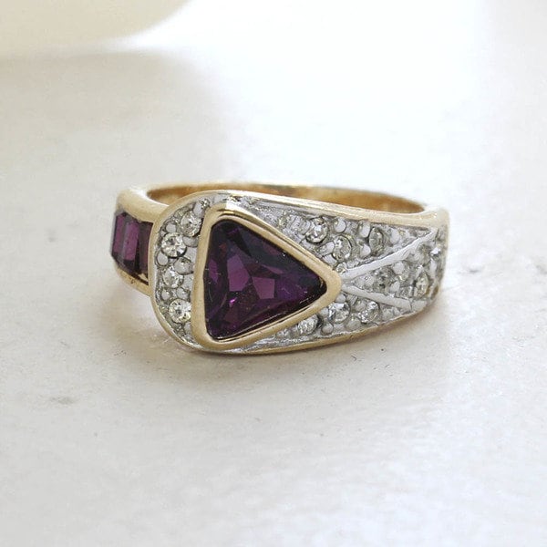 Vintage Ring Pave Trillion Cut Womens Ring Austrian Crystals Birthstone Antique 18k Gold  Electroplated Band R2932