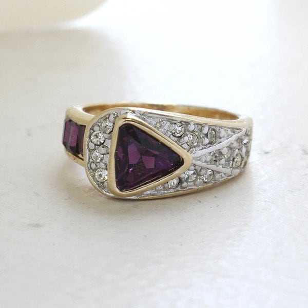 Vintage Ring Pave Trillion Cut Womens Ring Austrian Crystals Birthstone Antique 18k Gold Electroplated Band R2932