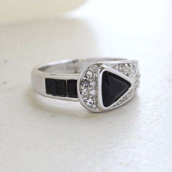 Vintage Ring Black and Clear Swarovski Crystal Pavé Ring 18k White Gold Silver Made in the USA R2932 - Limited Stock - Never Worn