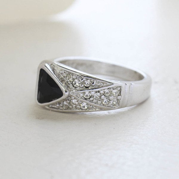 Vintage Ring Black and Clear Swarovski Crystal Pavé Ring 18k White Gold Silver Made in the USA R2932 - Limited Stock - Never Worn