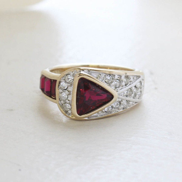 Vintage Ring Pave Trillion Cut Womens Ring Austrian Crystals Birthstone Antique 18k Gold Electroplated Band R2932