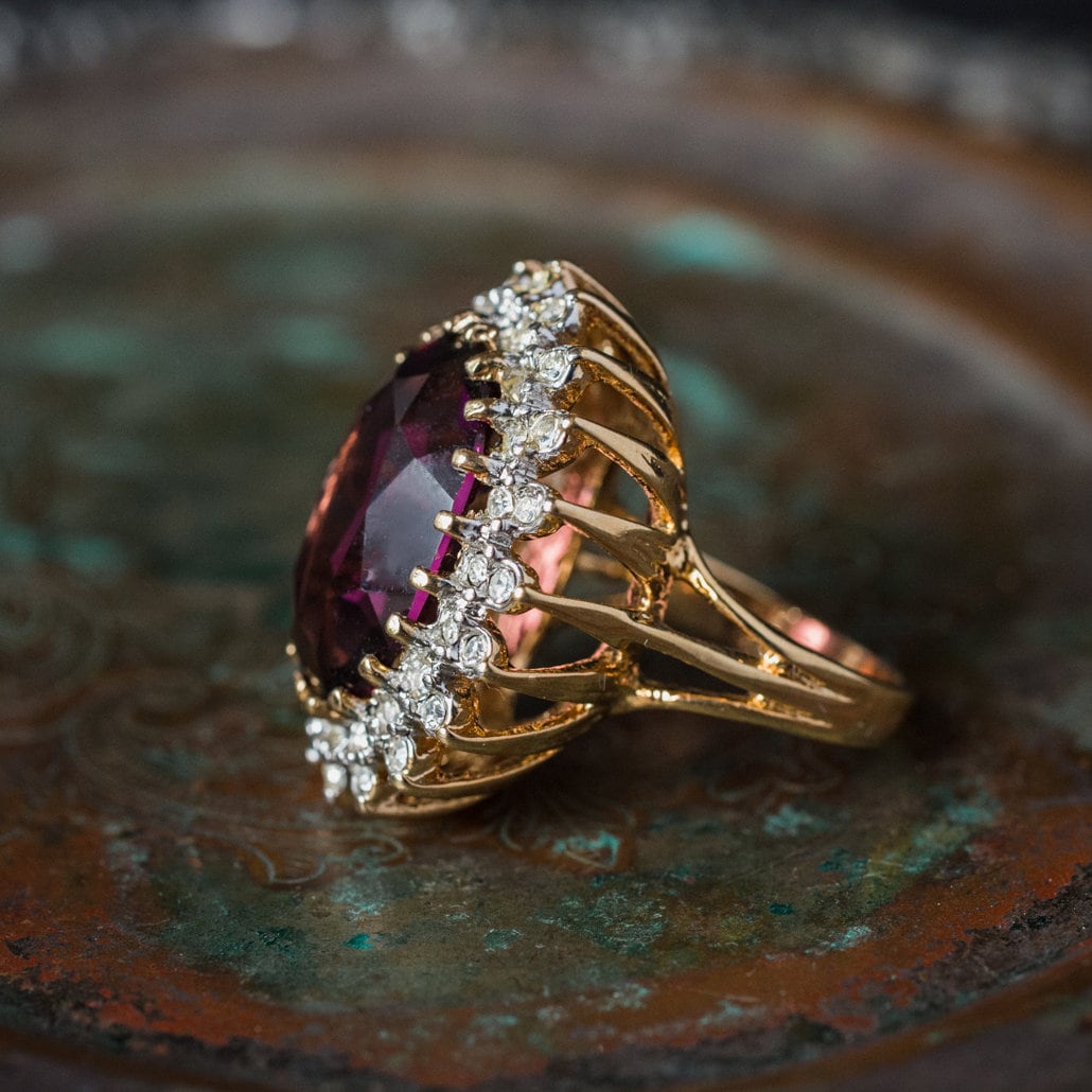 Vintage Ring Amethyst and Clear Swarovski Crystal Cocktail Ring 18k Gold #R618 - Limited Stock - Never Worn