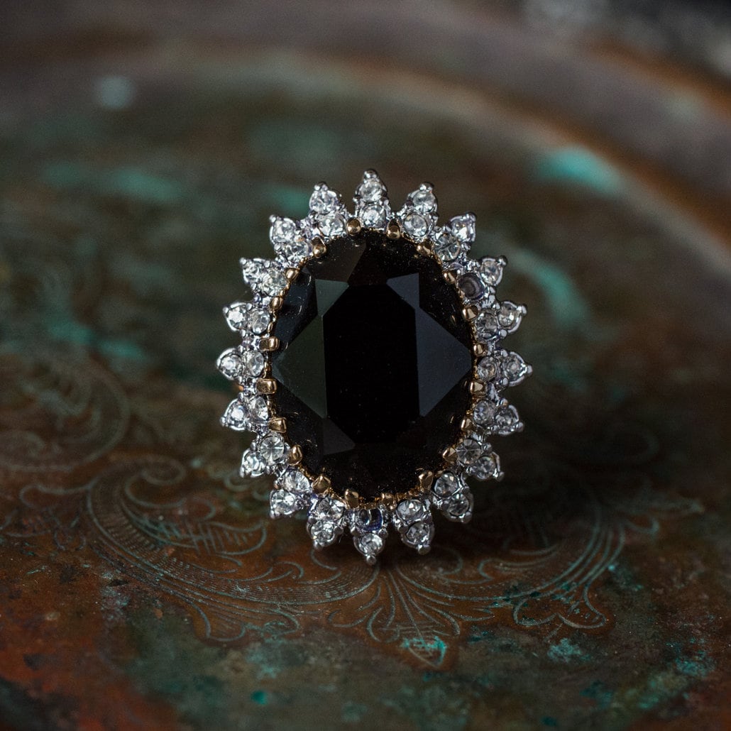 Vintage Ring Black Clear Swarovski Crystal Cocktail Ring 18k Gold Big Victorian Statement Handmade Jewelry R618 - Limited Stock - Never Worn