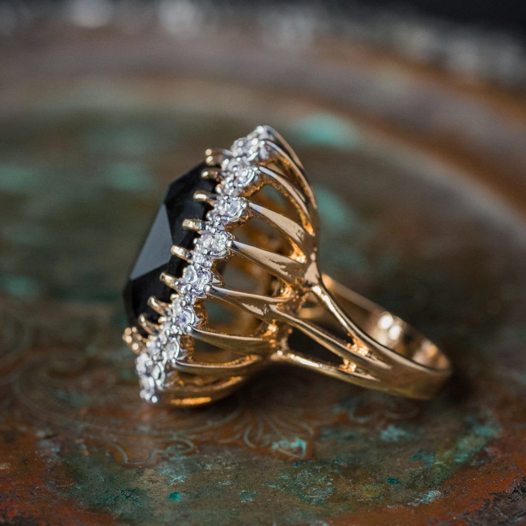 Vintage Ring Black Clear Swarovski Crystal Cocktail Ring 18k Gold Big Victorian Statement Handmade Jewelry R618 - Limited Stock - Never Worn