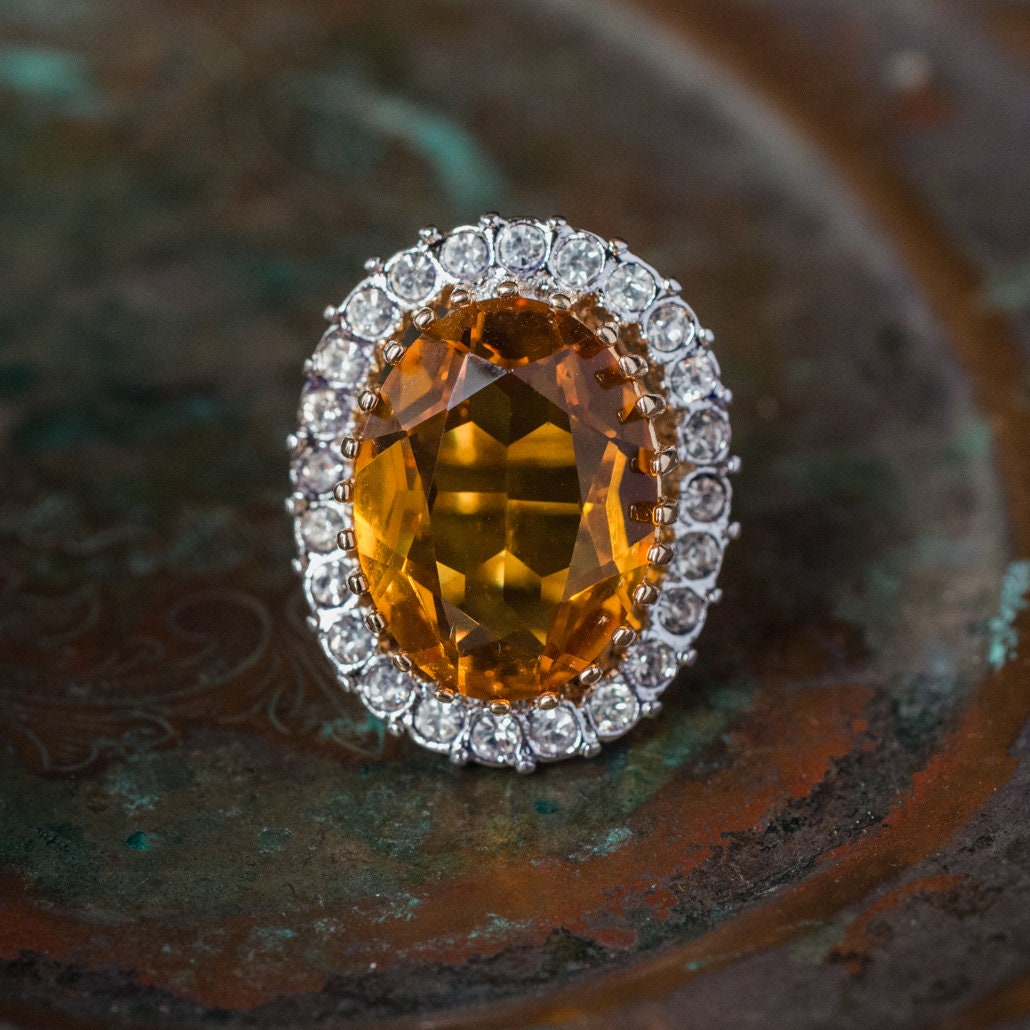 Vintage Women's Statement Crystal Cocktail Ring 18k Gold Electroplated