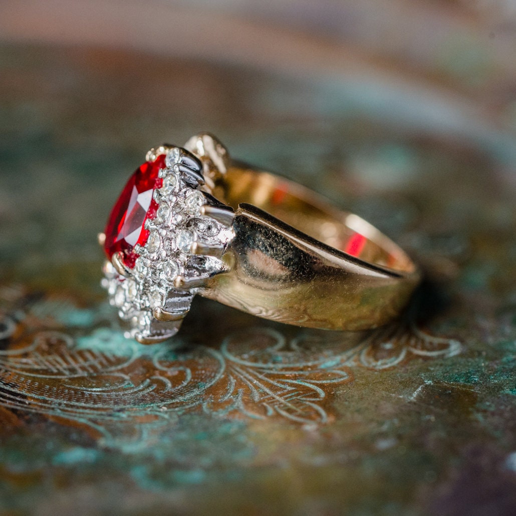 Vintage Ring Ruby Cubic Zirconia and Clear Swarovski Crystals 18kt Gold Antique Womans Jewelry #R3163 - Limited Stock - Never Worn