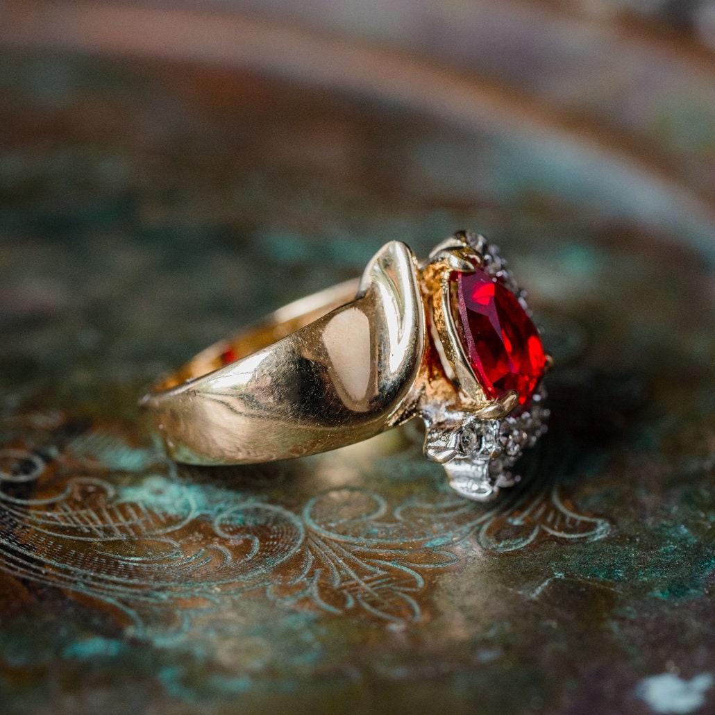 Vintage Ring Ruby Cubic Zirconia and Clear Swarovski Crystals 18kt Gold Antique Womans Jewelry #R3163 - Limited Stock - Never Worn