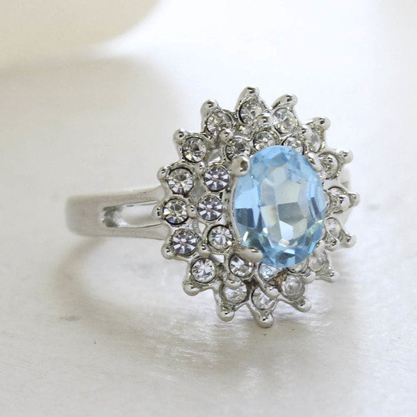 Vintage Ring Cocktail Ring Clear Swarovski Crystals 18k White Gold Silver  Cluster Antique Womans Jewelry #R175