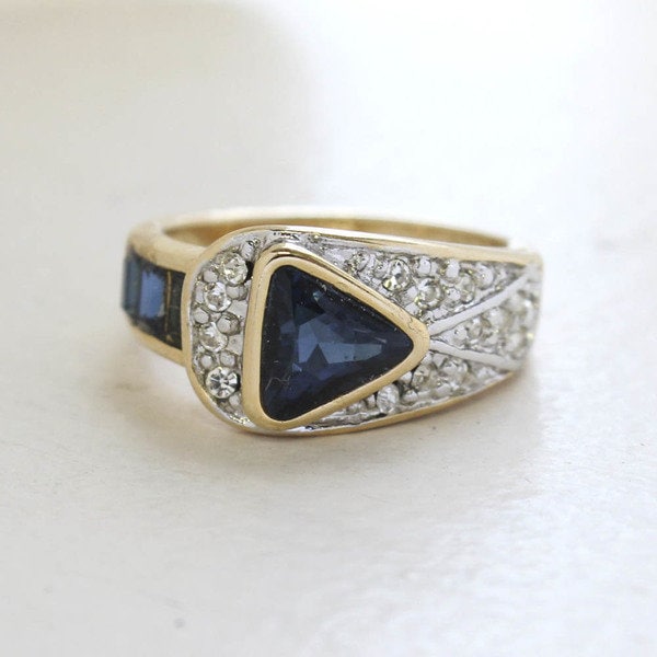 Vintage Ring Pave Trillion Cut Womens Ring Austrian Crystals Birthstone Antique 18k Gold Electroplated Band R2932