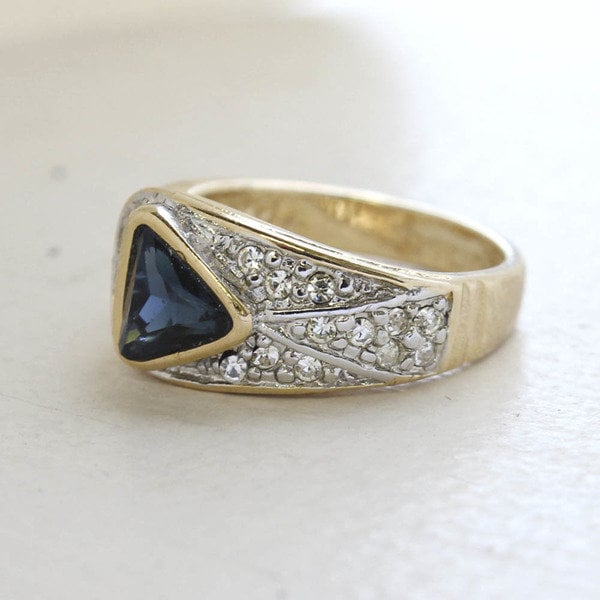Vintage Ring Sapphire and Clear Swarovski Crystal Pavé Ring 18k Gold Antique Womans Jewelry R2932 - Limited Stock - Never Worn