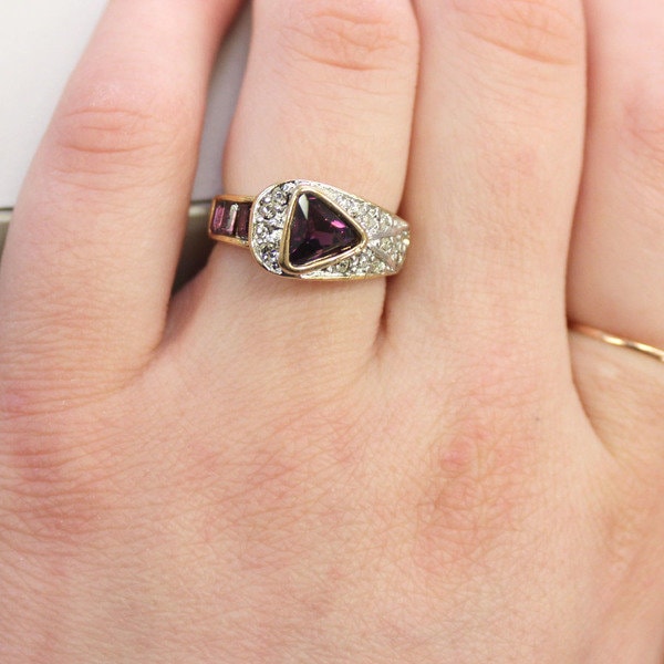 Vintage Ring Amethyst and Clear Swarovski Crystal Pavé Ring 18k Gold Made in the USA R2932 - Limited Stock - Never Worn