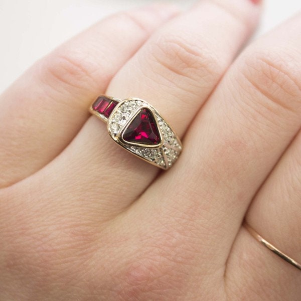 Vintage Ring Ruby and Clear Swarovski Crystal Pavé Ring 18k Gold Made in the USA R2932 - Limited Stock - Never Worn
