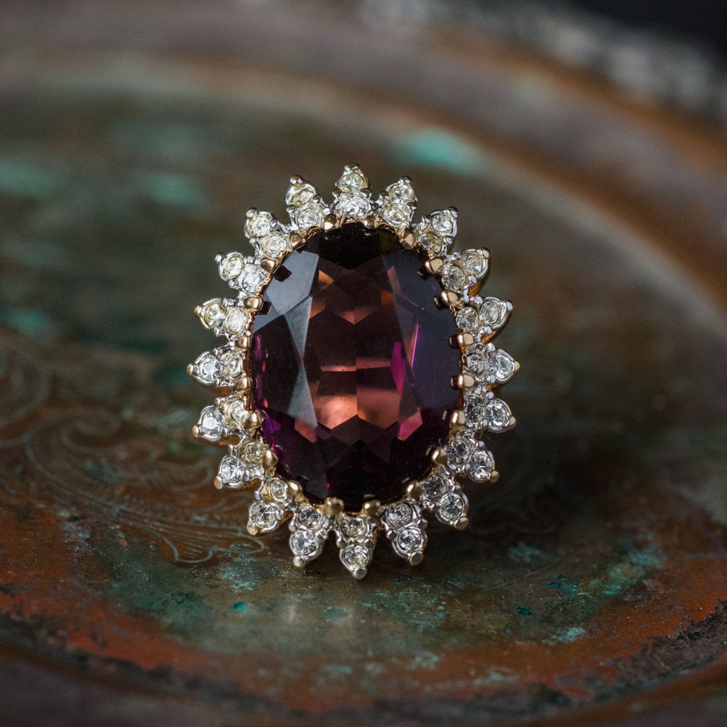 Vintage Ring Amethyst and Clear Swarovski Crystal Cocktail Ring 18k Gold #R618 - Limited Stock - Never Worn