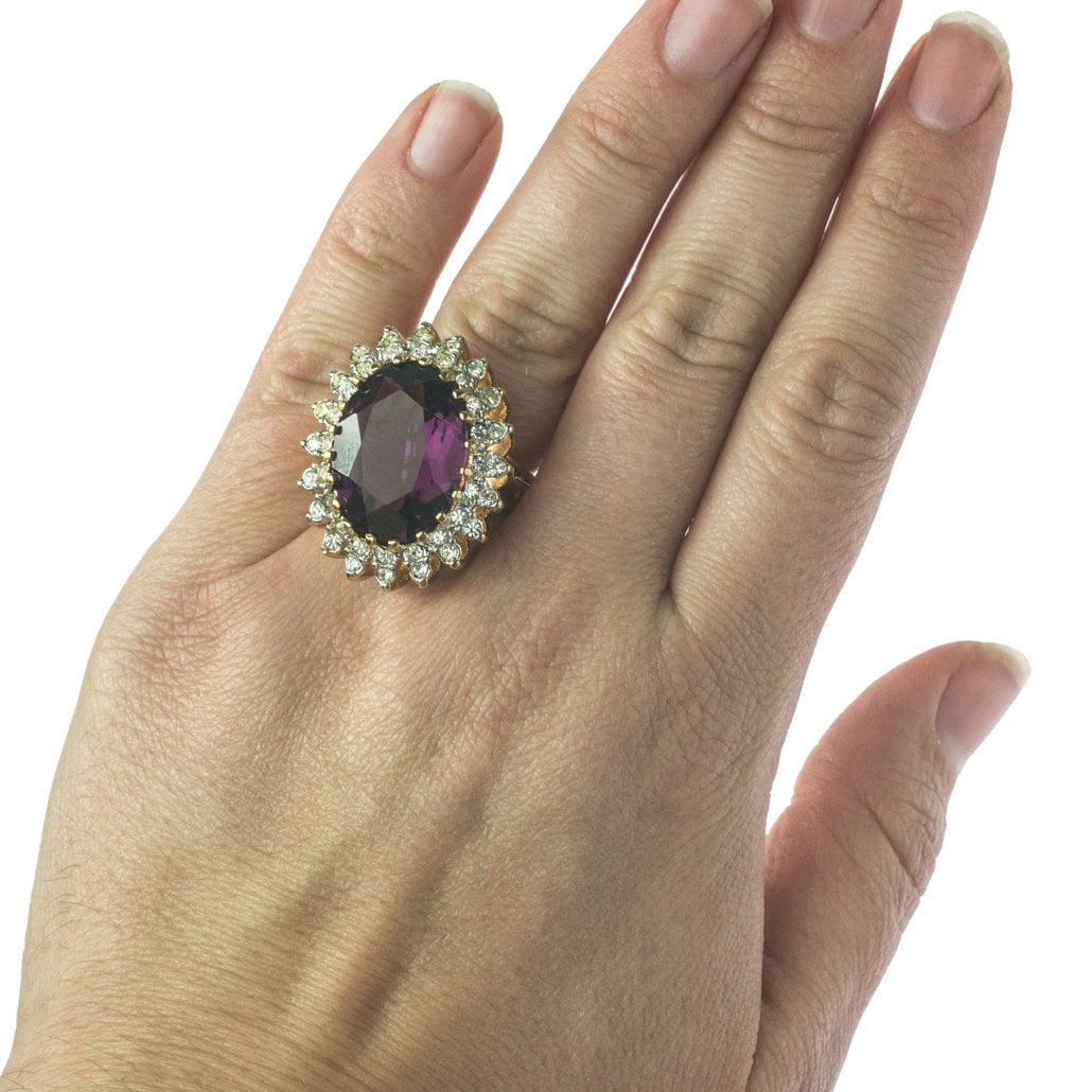 Vintage Ring Amethyst and Clear Swarovski Crystal Cocktail Ring 18k Gold #R618 - Limited Stock - Never Worn