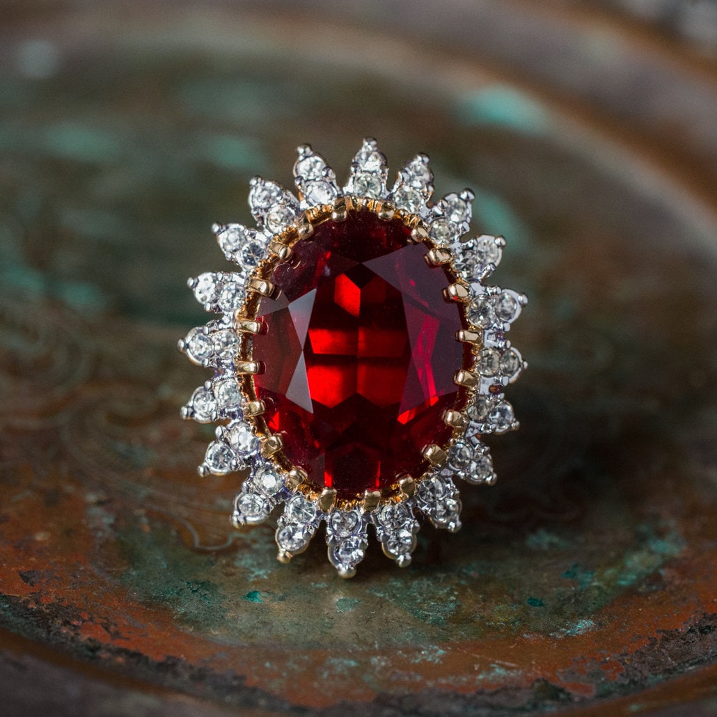 Vintage Ring Ruby Clear Swarovski Crystal Cocktail Ring 18k Gold Large Statement Womans Antique Jewelry #R618 - Limited Stock - Never Worn