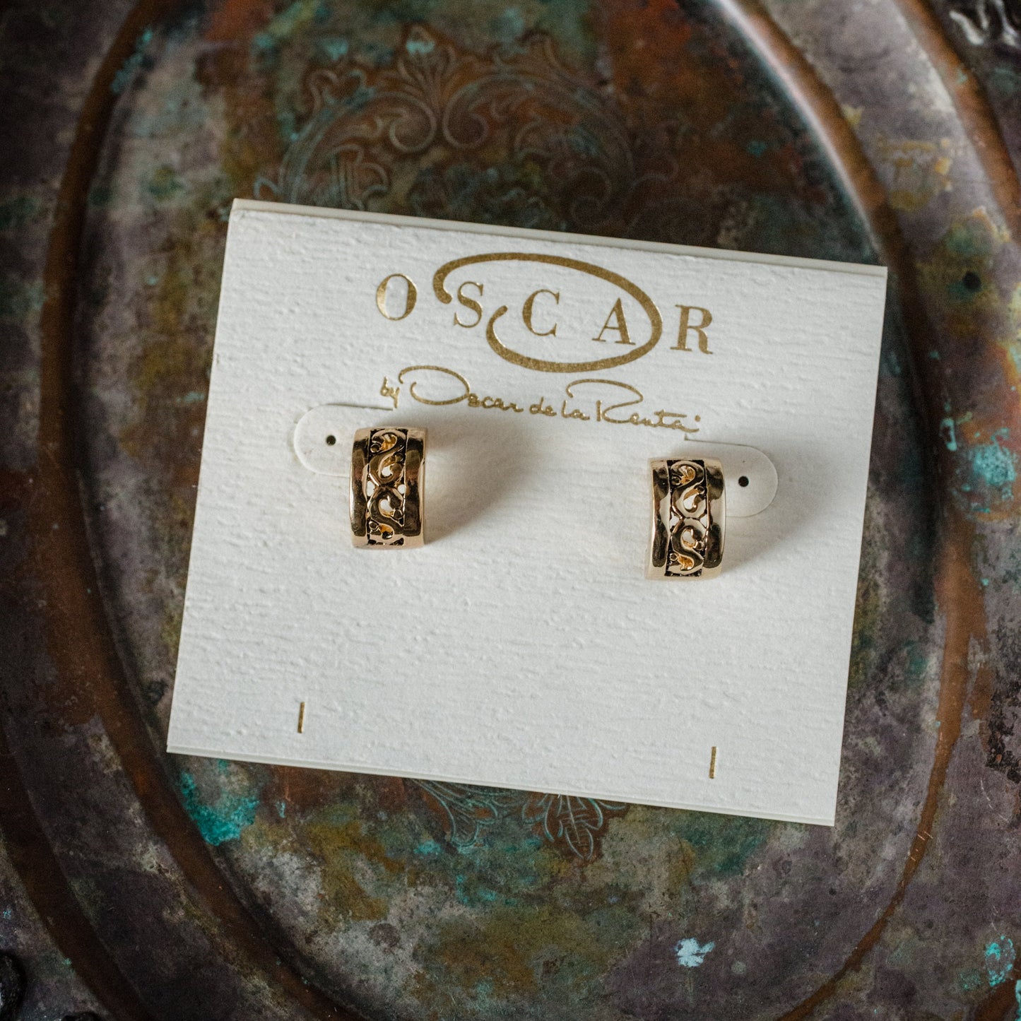 Vintage Earrings Signed Oscar De La Renta Thick Antique Gold Tone Hoops Earrings for Women A#OS2445 - Limited Stock - Never Worn