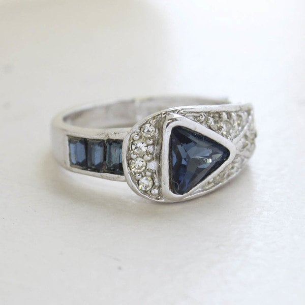 Vintage Ring Sapphire and Clear Crystal Pavé Ring 18k White Gold Silver Made in the USA R2932 - Limited Stock - Never Worn