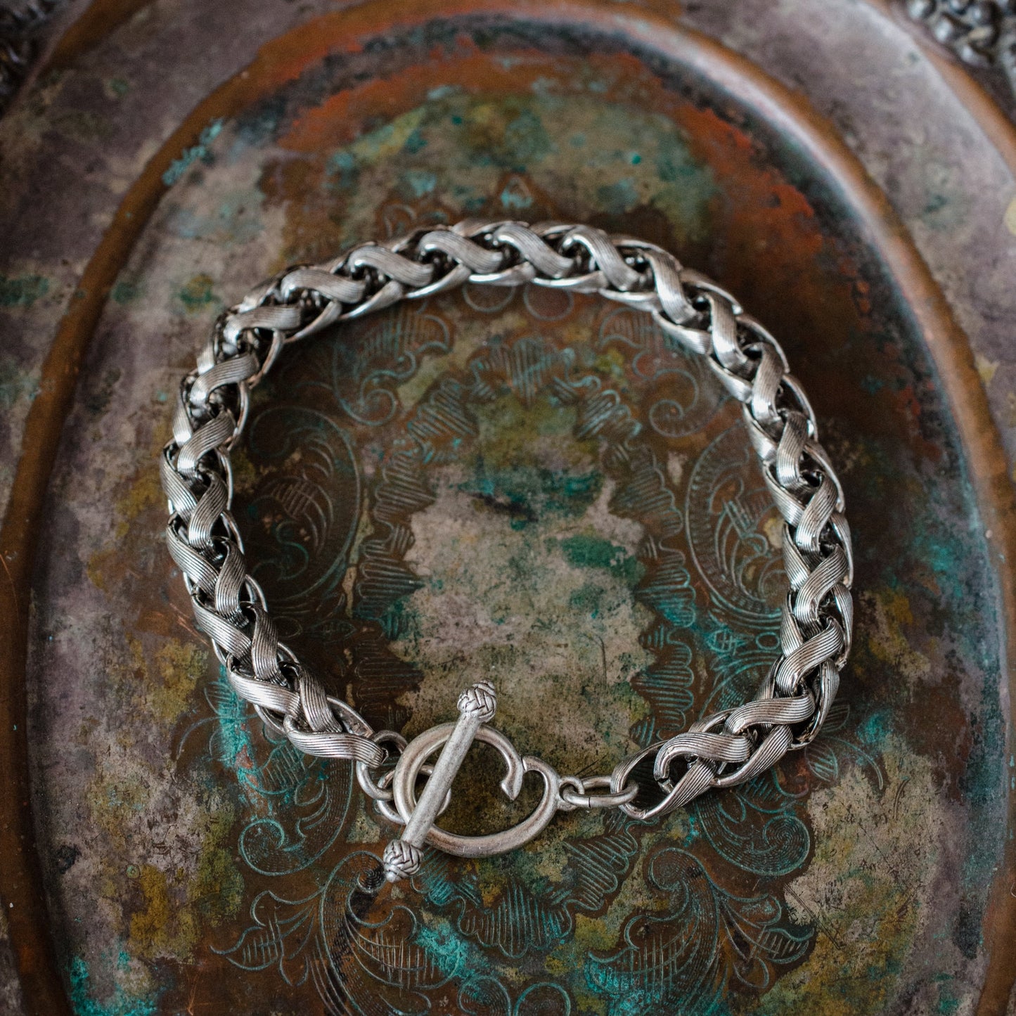 Vintage Oscar De La Renta Silver Tone Braided Textured Links Bracelet