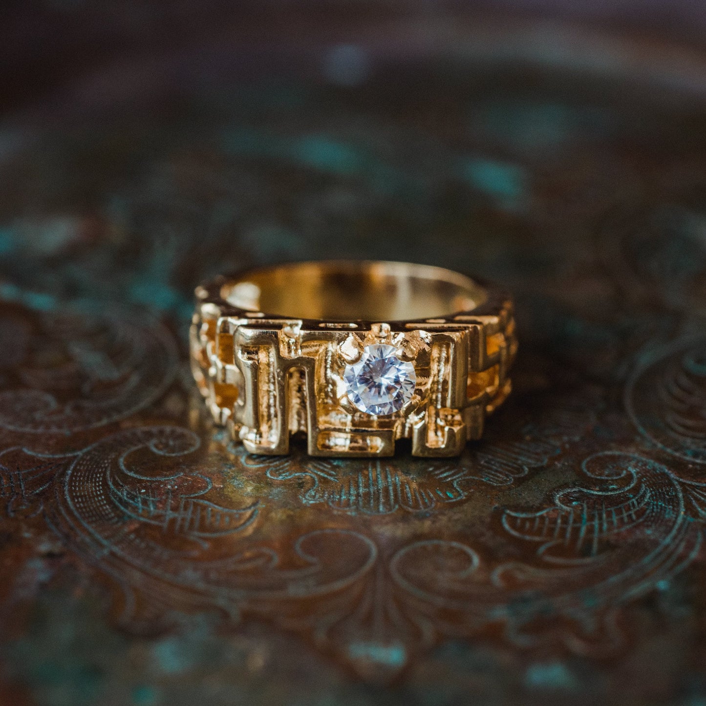 Men's Vintage Ring Edwardian Style Cubic Zirconia Handcrafted 18k Gold Electroplated Nugget Ring #R153